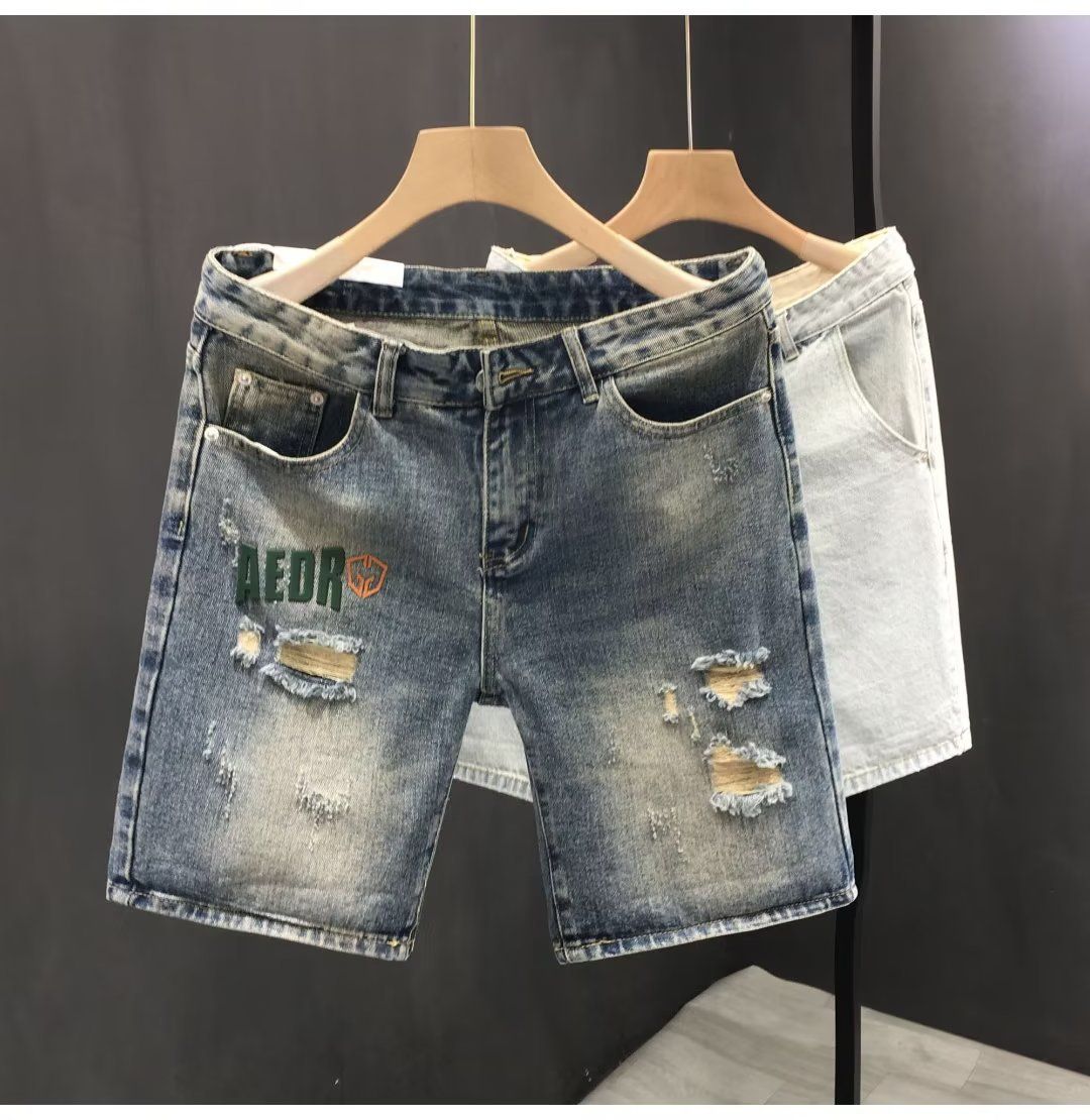 Heavy Indutry Wahed Ripped Patch Denim Hort For Men In Ummer, Looe Traight Leg, Cool And Caual Five Quarter_mkmklike.com