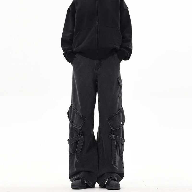 Men's Clothing High Street Workwear Jeans Men's American Streetwear Workwear Jeans - Retro Straight Loose Fit Casual Long Pants For Spring & Autumn_mkmklike.com