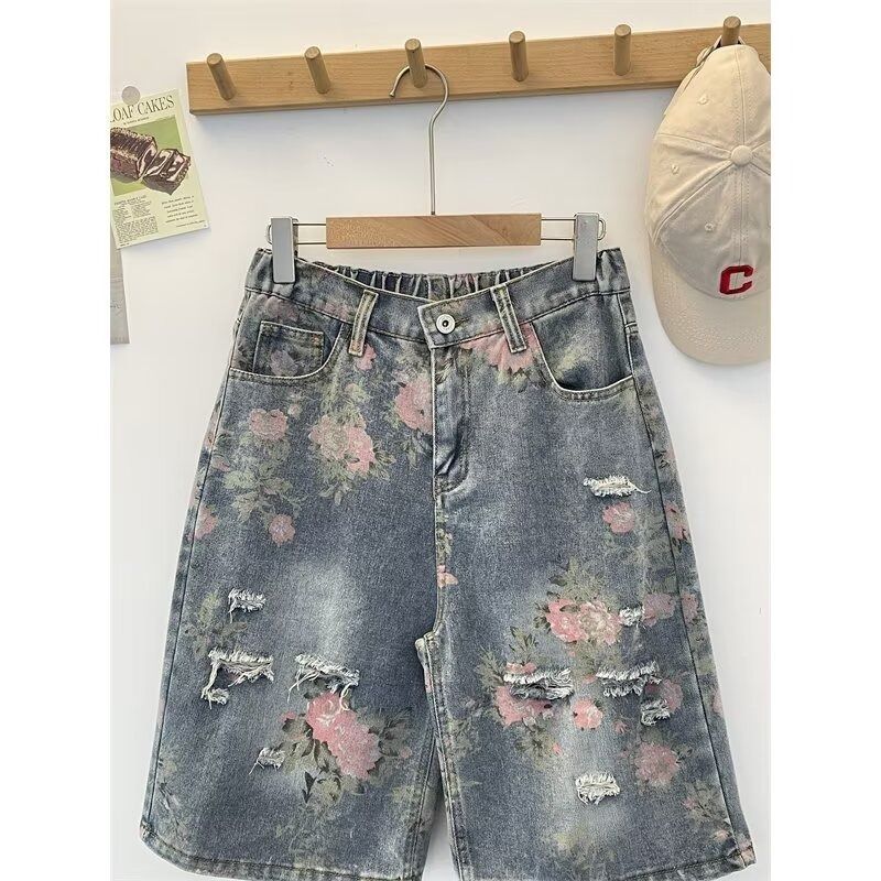 Rose Ripped Denim Shorts Men's Summer Thin Design Niche Pants American High Street Straight Five-point Pants_mkmklike.com