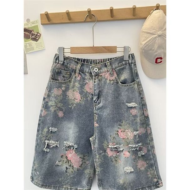 Rose Ripped Denim Shorts Men's Summer Thin Design Niche Pants American High Street Straight Five-point Pants_mkmklike.com