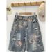Rose Ripped Denim Shorts Men's Summer Thin Design Niche Pants American High Street Straight Five-point Pants_mkmklike.com