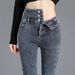 "Women's High-Waisted Fleece-Lined Skinny Jeans – Stretch Denim Pants With Button Details (Black/Retro Blue/Smoke Grey, Sizes 25-32)"_mkmklike.com