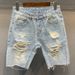 Men's Clothing Ripped Denim Shorts Light Color Shorts Trendy Loose Raw Edge Mid Length Pants Breeches Beggar Pants_mkmklike.com