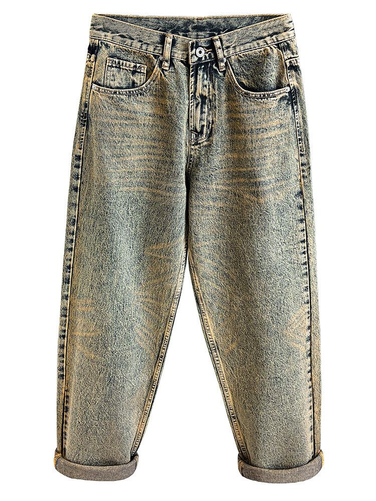 Retro Yellow Mud Dyed Harem Jeans For Men Loose Straight Leg Casual Long Trousers Spring Autumn Trendy Versatile_mkmklike.com