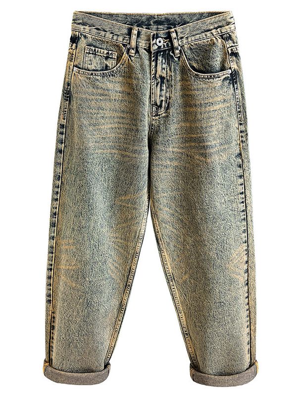 Retro Yellow Mud Dyed Harem Jeans For Men Loose Straight Leg Casual Long Trousers Spring Autumn Trendy Versatile_mkmklike.com