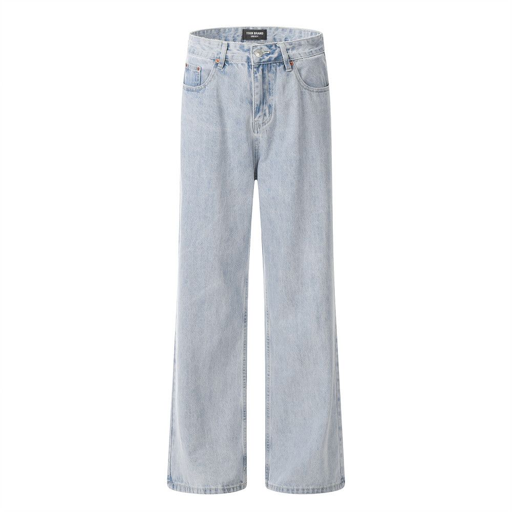 Washed Light Color Denim Straight Street Fashion American Style Casual Loose Long Men's Punk Versatile Pants_mkmklike.com