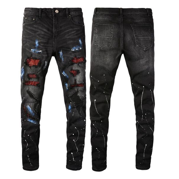 2023 American High Street Hip-hop Jeans, Men's Trendy Brand Paint Hole Patch Slim Fit Straight Leg Pants_mkmklike.com