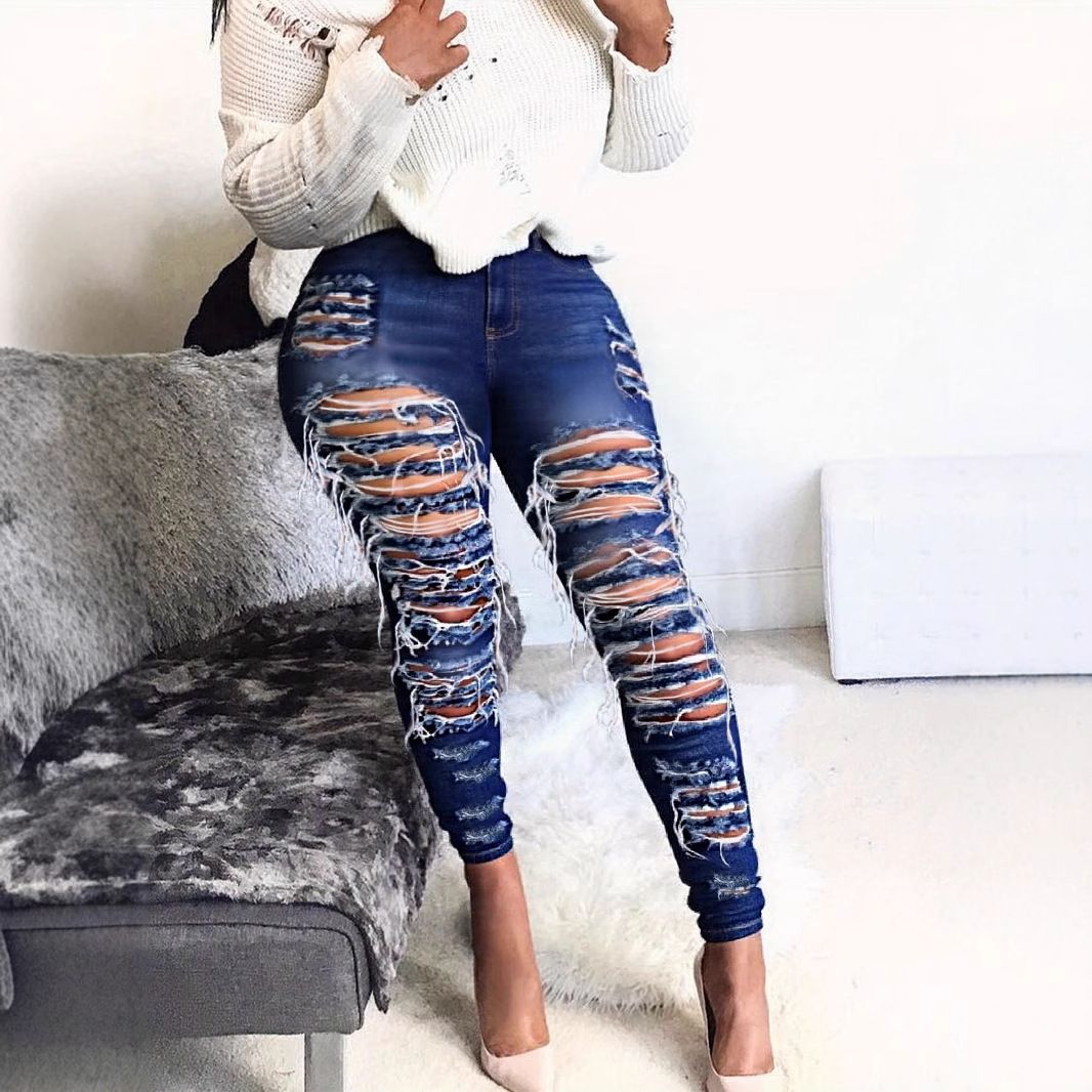 High-Waisted Skinny Jeans for Women Sexy Versatile Ripped Front And Back European American Style Cross Border Denim_mkmklike.com