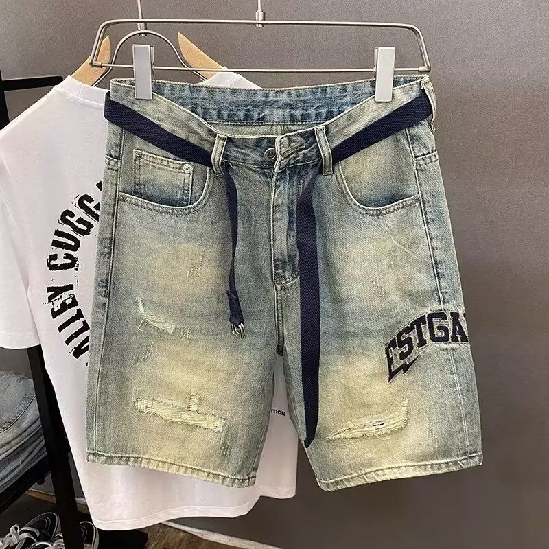 Korean Vintage Distressed Denim Shorts Heavy Washed Embroidered Relaxed Fit Mid-Thigh Men's Clothing_mkmklike.com