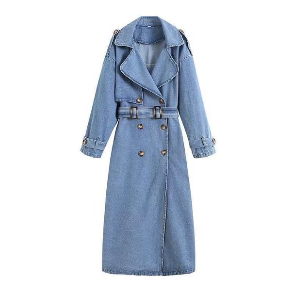 Women's Stylish Double-Breasted Denim Trench Coat With Belt - Loose Fit Mid-Length Casual Jacket For Spring (Blue, Black) - XS/S/M/L_mkmklike.com