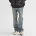 Men's Clothing High Street Retro Jeans Washed Distressed Yellow Mud Dyed Elastic Wide Leg Straight Pants_mkmklike.com