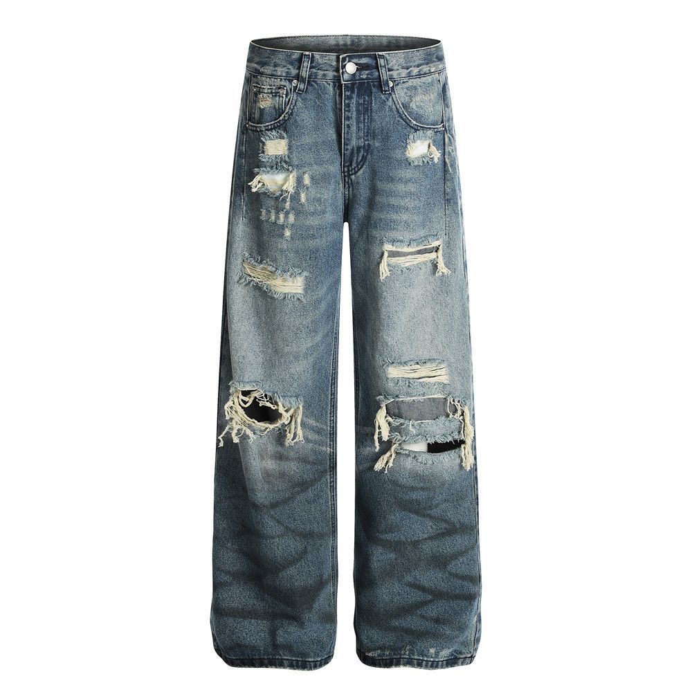 Punk Wasteland Style Heavy Washed Ripped Jeans Men's Street Fashion Spray Painted Vintage Loose Wide-Leg Pants_mkmklike.com