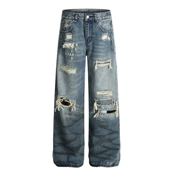 Punk Wasteland Style Heavy Washed Ripped Jeans Men's Street Fashion Spray Painted Vintage Loose Wide-Leg Pants_mkmklike.com