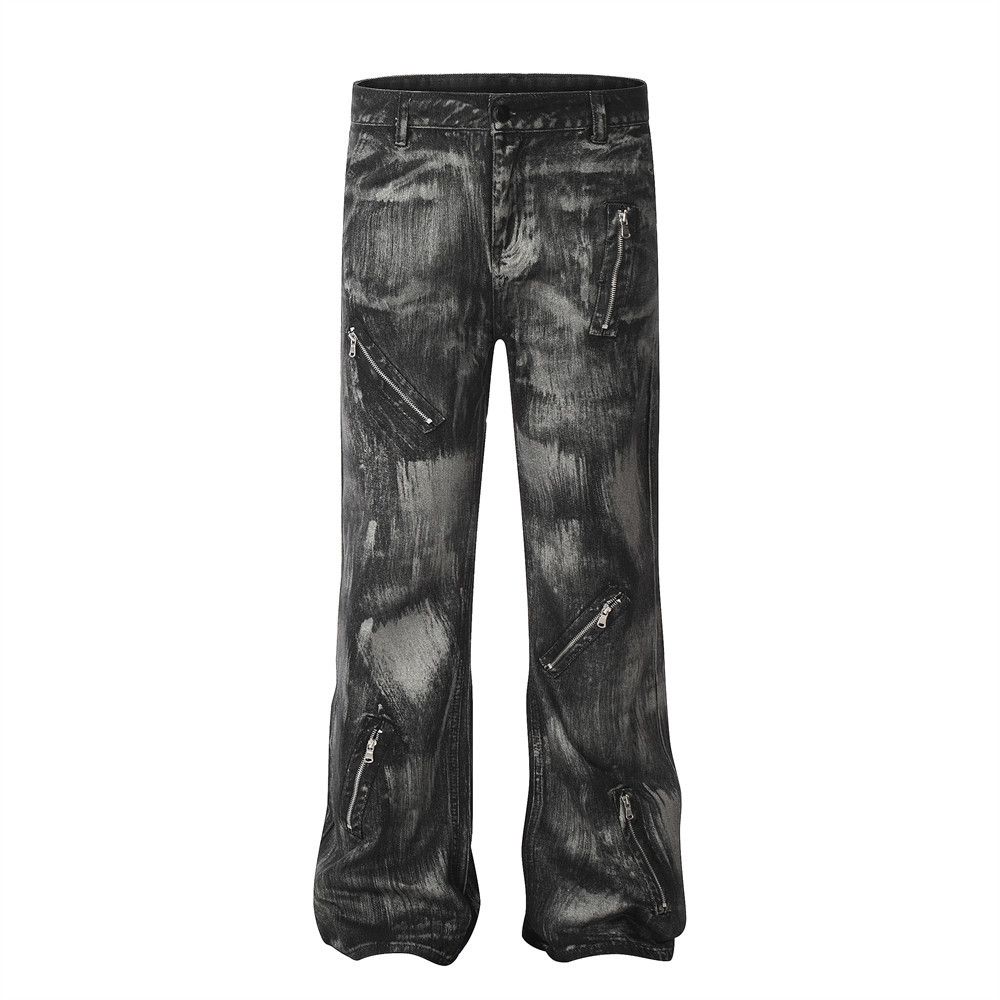 Punk Painted Dirty Jeans For Men With Unique Design, Niche Zipper Decoration, Loose Straight-Leg Trousers, Trendy_mkmklike.com