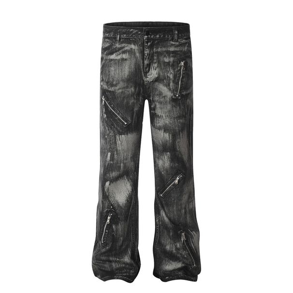 Punk Painted Dirty Jeans For Men With Unique Design, Niche Zipper Decoration, Loose Straight-Leg Trousers, Trendy_mkmklike.com