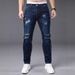 Men's Dark Wash Slim Fit Ripped Jeans - High Street Stretch Cropped Denim With Distressed Details (S-2XL)_mkmklike.com
