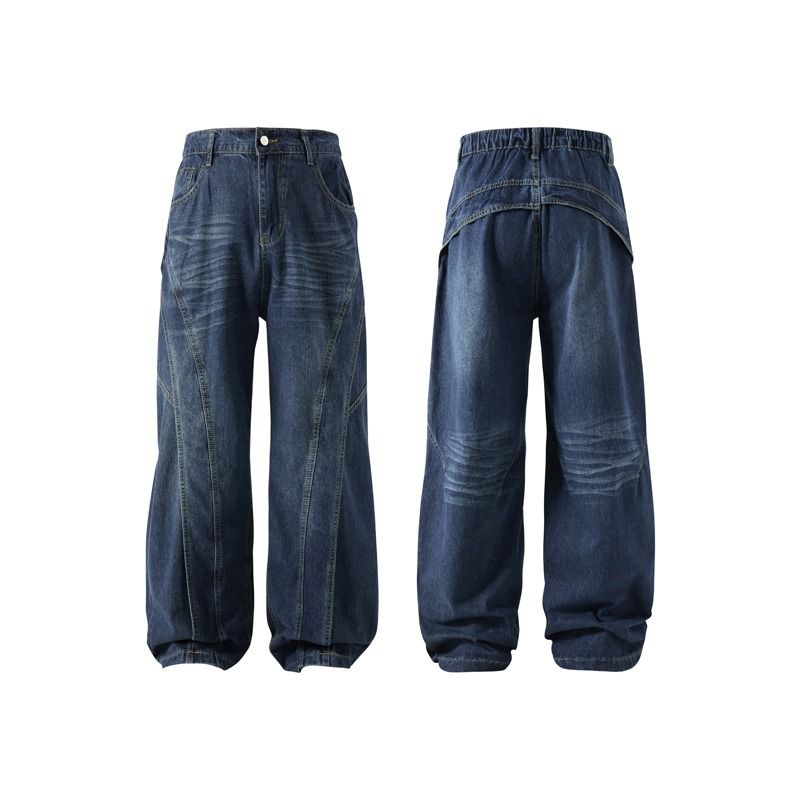 Men's Trendy Brand High Street Loose Fitting Wide Leg Trousers Bamboo Patterned Deconstructed Design Washed Silhouette Jeans_mkmklike.com