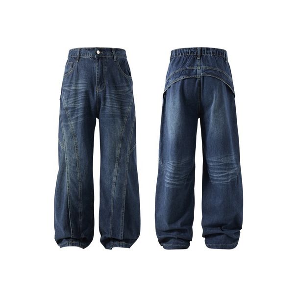 Men's Trendy Brand High Street Loose Fitting Wide Leg Trousers Bamboo Patterned Deconstructed Design Washed Silhouette Jeans_mkmklike.com