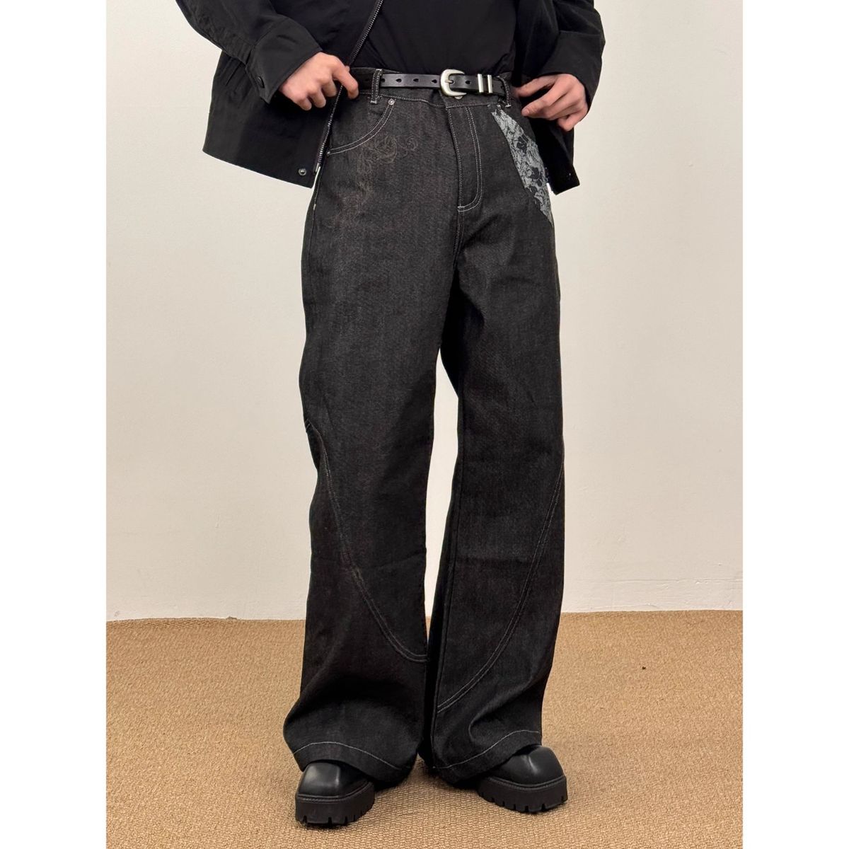 Men's Retro American Snakeskin Raw Denim Selvage Burnout Flared Jeans Straight Leg Trousers Jacquard Patchwork_mkmklike.com