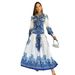 Women's Clothing 2024 new blue printed round neck slim fit long sleeve ethnic style casual fashion long women's dress_mkmklike.com