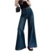Hong Kong Style Retro Dark Blue Draped Flared Jeans For Women, Spring And Autumn, Petite Loose Wide-Leg Pants,_mkmklike.com
