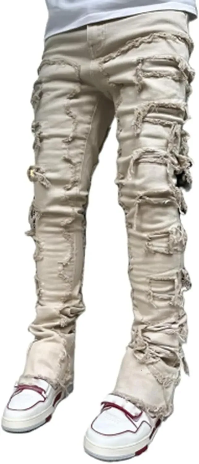 Black Stacked Jeans With Rips, Patches, Distressed Jeans, Streetwear, Men's Pants, Casual Slim Fit_mkmklike.com