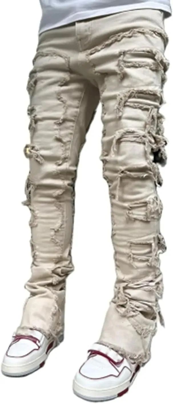 Black Stacked Jeans With Rips, Patches, Distressed Jeans, Streetwear, Men's Pants, Casual Slim Fit_mkmklike.com