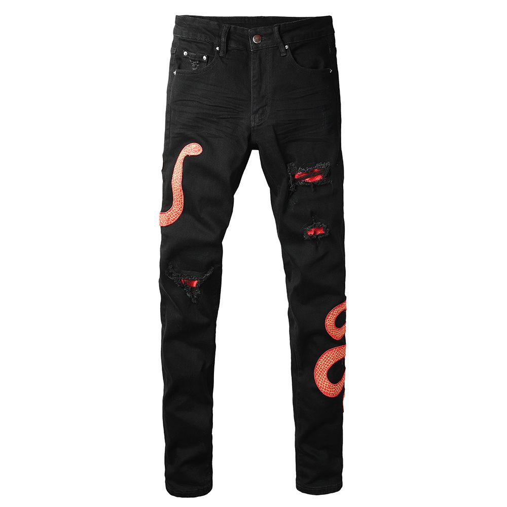 Men's Black Snake Embroidery Stretch Denim Jeans Pants Skinny Tapered Pencil Trousers With Snakeskin Leather Patch_mkmklike.com