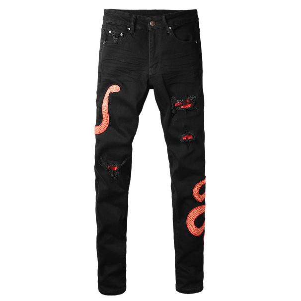 Men's Black Snake Embroidery Stretch Denim Jeans Pants Skinny Tapered Pencil Trousers With Snakeskin Leather Patch_mkmklike.com