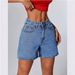 Classic Blue Denim Shorts For Women - Mid-Rise Straight Leg Summer Shorts With Button Detail, Comfort Stretch_mkmklike.com
