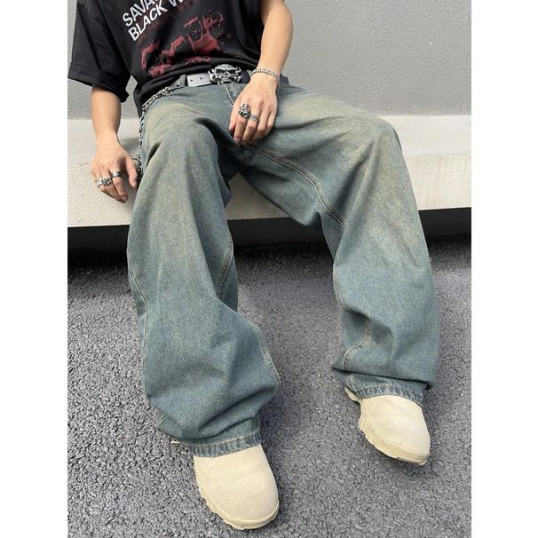 Men's Retro Washed Wide Leg Jeans American Street Style Trendy High End Distressed Loose Fit Cross Border Chain Link Trousers_mkmklike.com