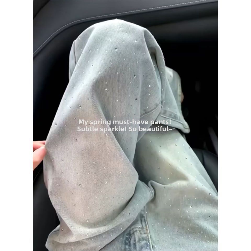Women's High-Waisted Wide-Leg Jeans Loose Fit Slim Fit Summer Denim With Sparkling Rhinestones Heavy Duty Flow_mkmklike.com