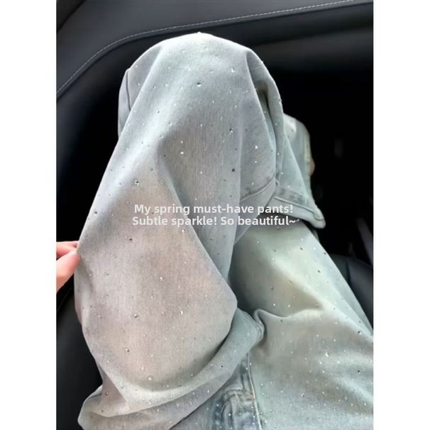 Women's High-Waisted Wide-Leg Jeans Loose Fit Slim Fit Summer Denim With Sparkling Rhinestones Heavy Duty Flow_mkmklike.com