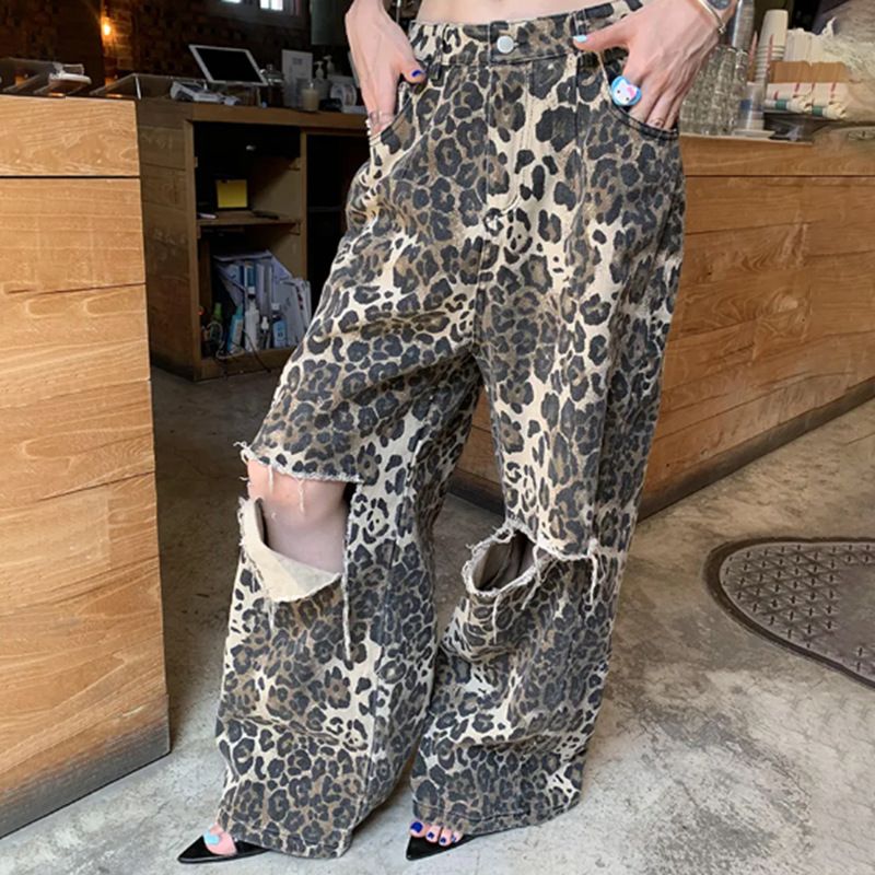 Women's clothing New American Retro Leopard Print High Waist Slim Straight Pants Niche Design Ripped Jeans_mkmklike.com