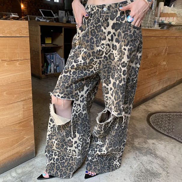 Women's clothing Spring New Retro Leopard Print High Waist Slim Straight Pants Niche Design Ripped Jeans_mkmklike.com