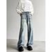 Men's Wide Leg Jeans Distressed Whiskered Design Retro Hip Hop Style New_mkmklike.com