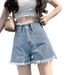 Women's High-Waisted Wide Leg Denim Shorts Casual Thin Style Slimming A-Line Hot Pants Frayed Hem Trendy Petite Versatile_mkmklike.com