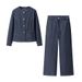 Minimalist Matching Set – Trendy Long-Sleeve Top & High-Waist Pants (Blue, S-L, Polyester, Wrinkle-Free)_mkmklike.com
