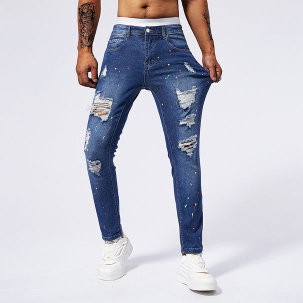 Men's Slim Fit Ripped Jeans Classic Blue Distressed Denim Pants With Tapered Leg_mkmklike.com
