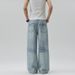 Men's Washed Light Blue Jeans Loose Fit Straight Leg Clean Cut Versatile Pants With Lightning Floral Pattern_mkmklike.com
