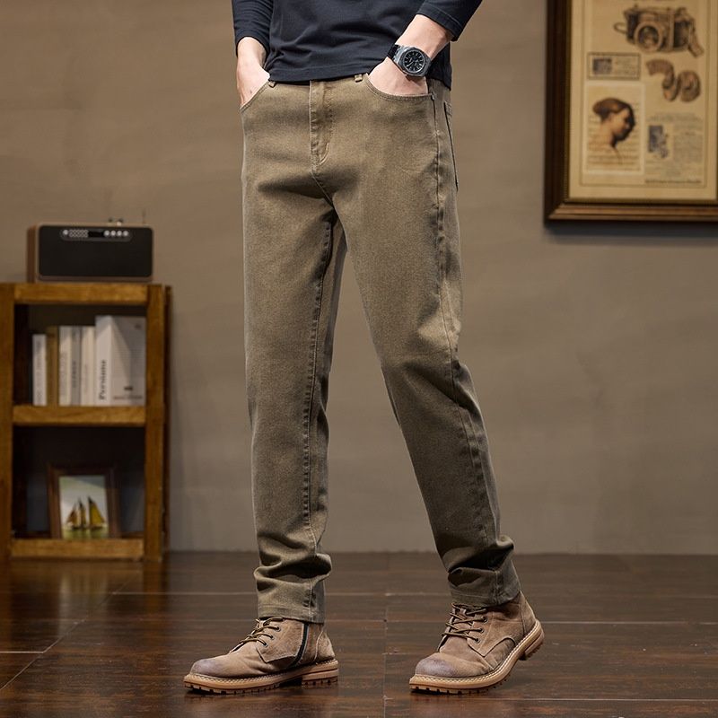 Pulse Straight-Leg Business Jeans Winter Trendy Leather Label Stretch Simple European And American Casual Pants Men's Autumn_mkmklike.com