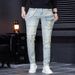 Men's Stretch Slim Fit Denim Jeans With Patchwork & Ripped Details For Casual Streetwear_mkmklike.com