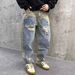 Fashion Retro Heavy Washed Loose Micro-Tapered Destroyed Spray Paint Patchwork Color Block Logging Jeans Unbranded 2026 For 008_mkmklike.com