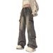 Retro Small Many Pockets Cargo Jeans Women's High Street Design Sense Loose Wide-leg Floor-length Pants Trend_mkmklike.com