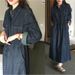Korean Version Double Pocket Lapel Breasted Denim For Women, Drawstring Waist Tie, Water Washed Long A-Line Dress_mkmklike.com