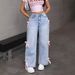 Streetwear High-Waisted Wide-Leg Jeans – Oversized Straight Fit With Bow Accents, Vintage Washed Denim For Grunge & Gothic Aesthetic_mkmklike.com