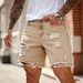 Men's Wide Leg Denim Shorts Khaki Coffee Colored Loose Fitting Ripped Bleached Trendy European American Style Five Point Pants_mkmklike.com