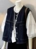 K Retro Layered Denim Vest For Women; Design-oriented, Niche, Fashionable, Slimming, Versatile Short Jacket. No Innerwear And Accessories_mkmklike.com