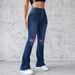 Spring 2025 High Waist Stretchy American Retro Denim Jeans Women's Micro Flared Long Pants Torn Hole Casual Female Attire_mkmklike.com
