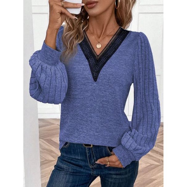 Women's Clothing Autumn and Winter New Solid Color Long Sleeve Lace V neck T shirt Women's Tops_mkmklike.com